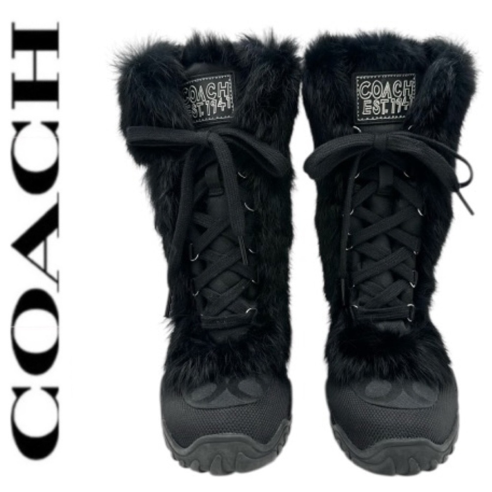COACH Jennie Black Monogram Rabbit Fur Trim Lace Up Winter Snow Boots size 11